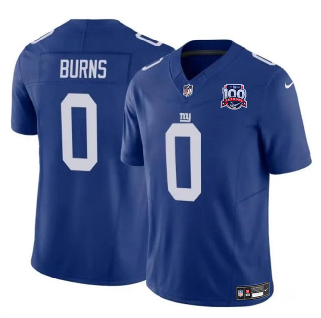 Men's New York Giants #0 Brian Burns Blue 2024 F.U.S.E. 100TH Season Patch Vapor Untouchable Limited Football Stitched Jersey